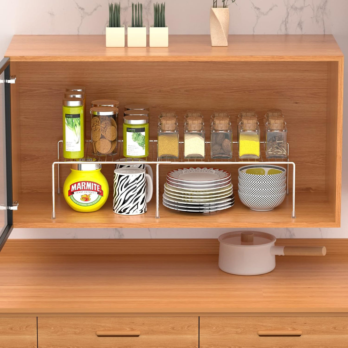 Redrubbit Cabinet Storage Shelf Rack, Expandable Metal Rustproof Kitchen Counter and Cabinet Shelf, Storage Rack Organizer Space Saver for Kitchen, Fridge, Cabinet, Bathroom, Chrome, Set of 6