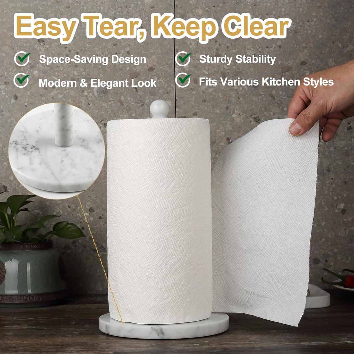 Koville Italian Marble Paper Towel Holder Countertop, Stone Rod Paper Towel Holder Stand for Kitchen Storage, for Standard or Jumbo-Sized Rolls(Bianco Carrara)