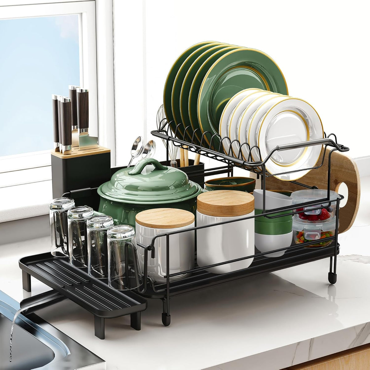 Runnatal Large Dish Drying Rack with Drainboard Set, Stainless Steel Detachable 2-in-1 Large-Capacity 2-Tier Over The Sink Anti-Rust Dish Rack and Dish Drainer for Kitchen Counter