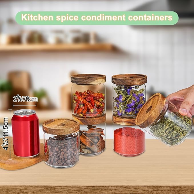 Small Glass Jars with Labels Spice Jar Round Storage Canister with Wooden Lid Clear Glass Food Jar for Pantry Sugar Tea Coffee Bean Spice Nuts Cookies Bath Salts (6 * 420ml(14oz))