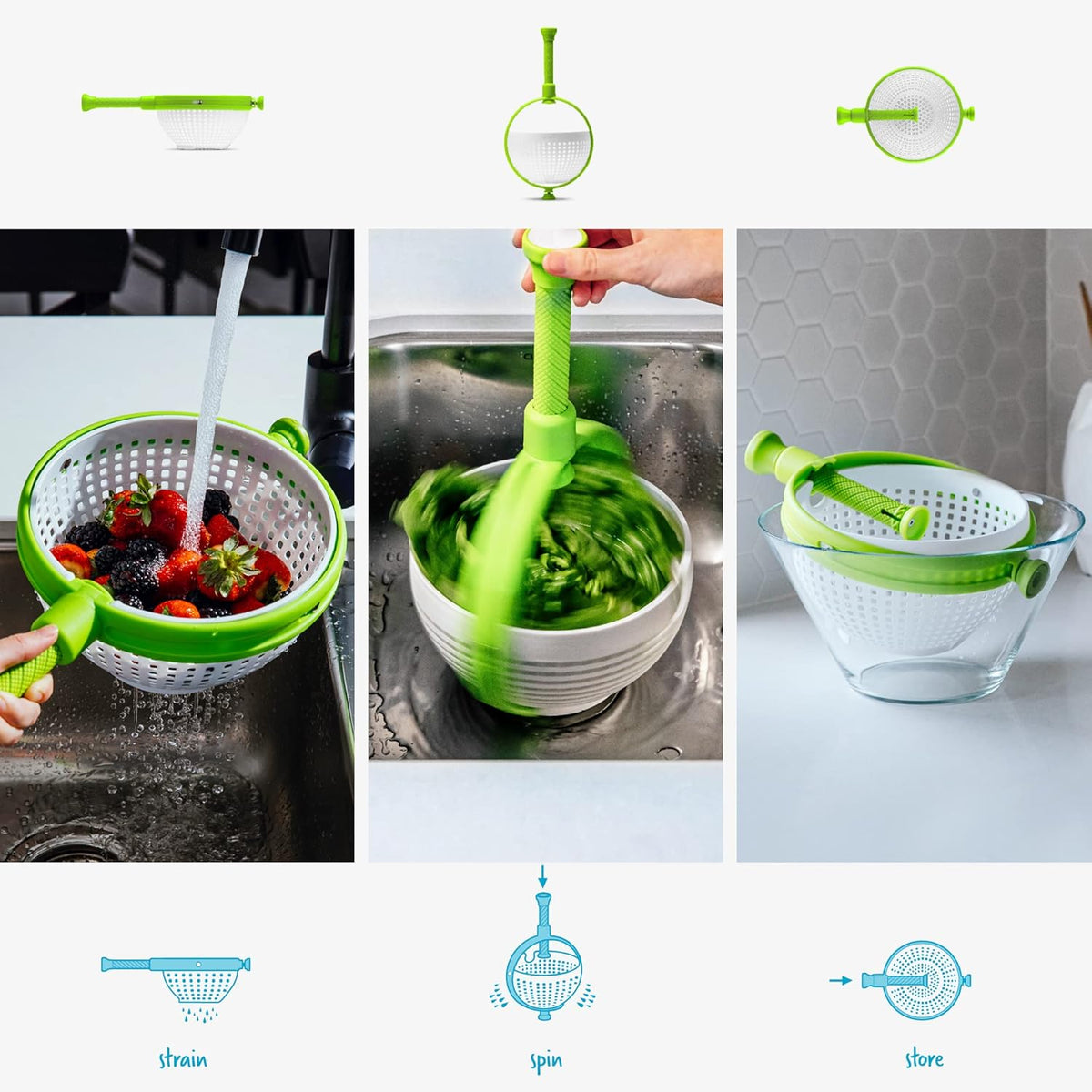 Dreamfarm Spina 2-In-1 Easy-To-Use, Collapsible Salad Spinner & Straining Colander for Salad, Fruit, Vegetable, Lettuce - White/Green