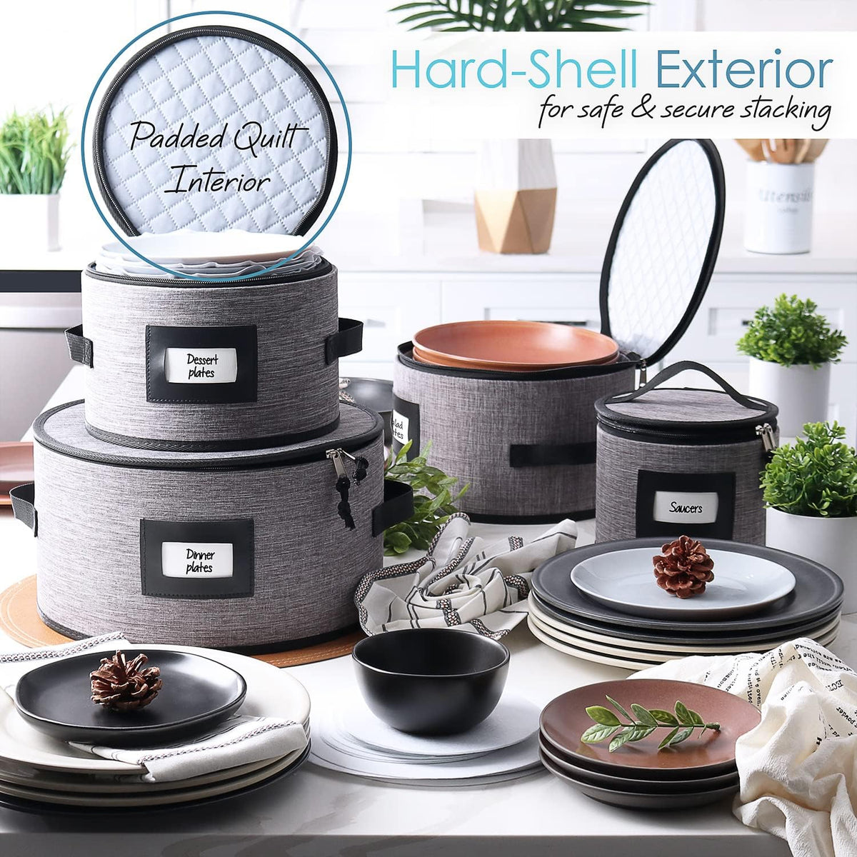 Hearth & Harbor Fine China Storage Containers, 6 Piece Dish Storage Containers, Stackable Plate Storage, Coffee Mug Storage and Wine Glass Storage Box with Dividers, Quilted Dish Organizers, Grey