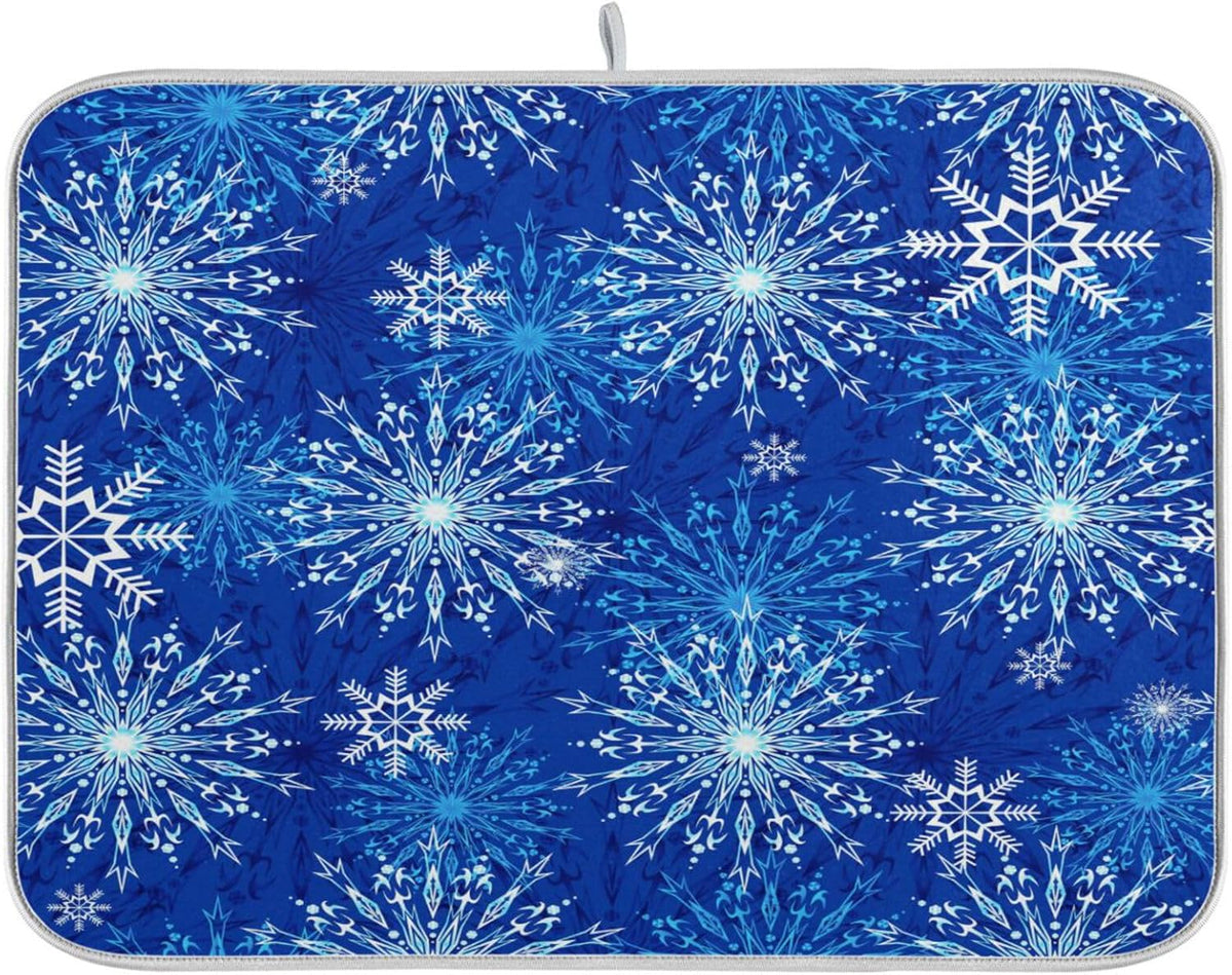 Blue Christmas Snowflakes Dish Drying Mat for Kitchen Counter Absorbent Microfiber Drying Pad, Large 18x24 in, Reversible Drainer Mats
