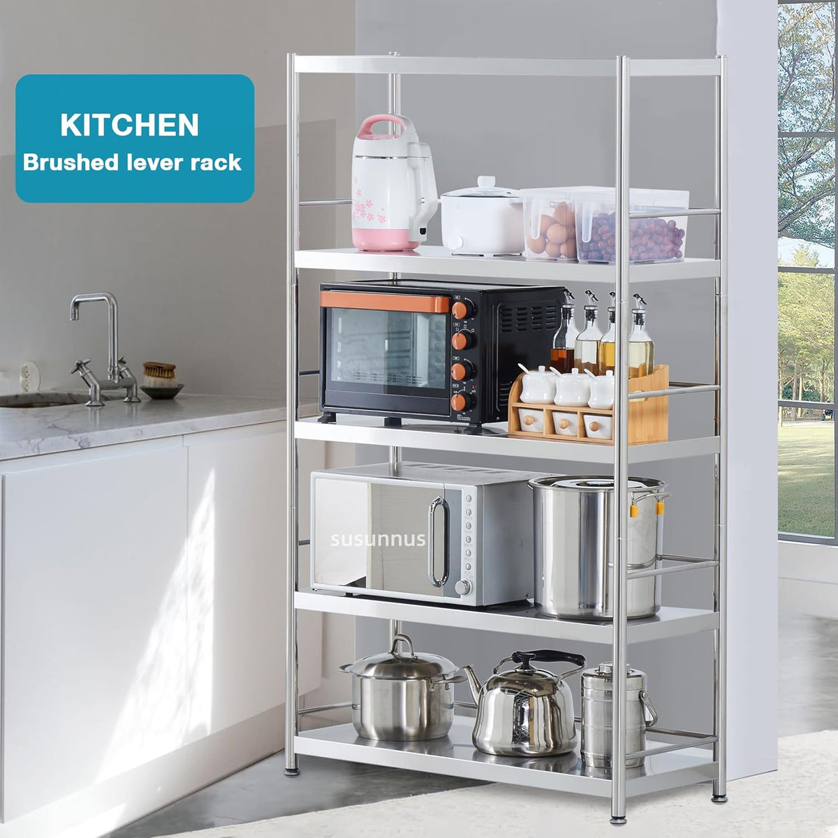 susunnus Stainless Steel Shelves 3 Tier Storage Shelves for Kitchen Garage Shelves Heavy Duty Shelving Metal Shelving Units and Storage Kitchen Industrial Storage Rack(with Guardrails)