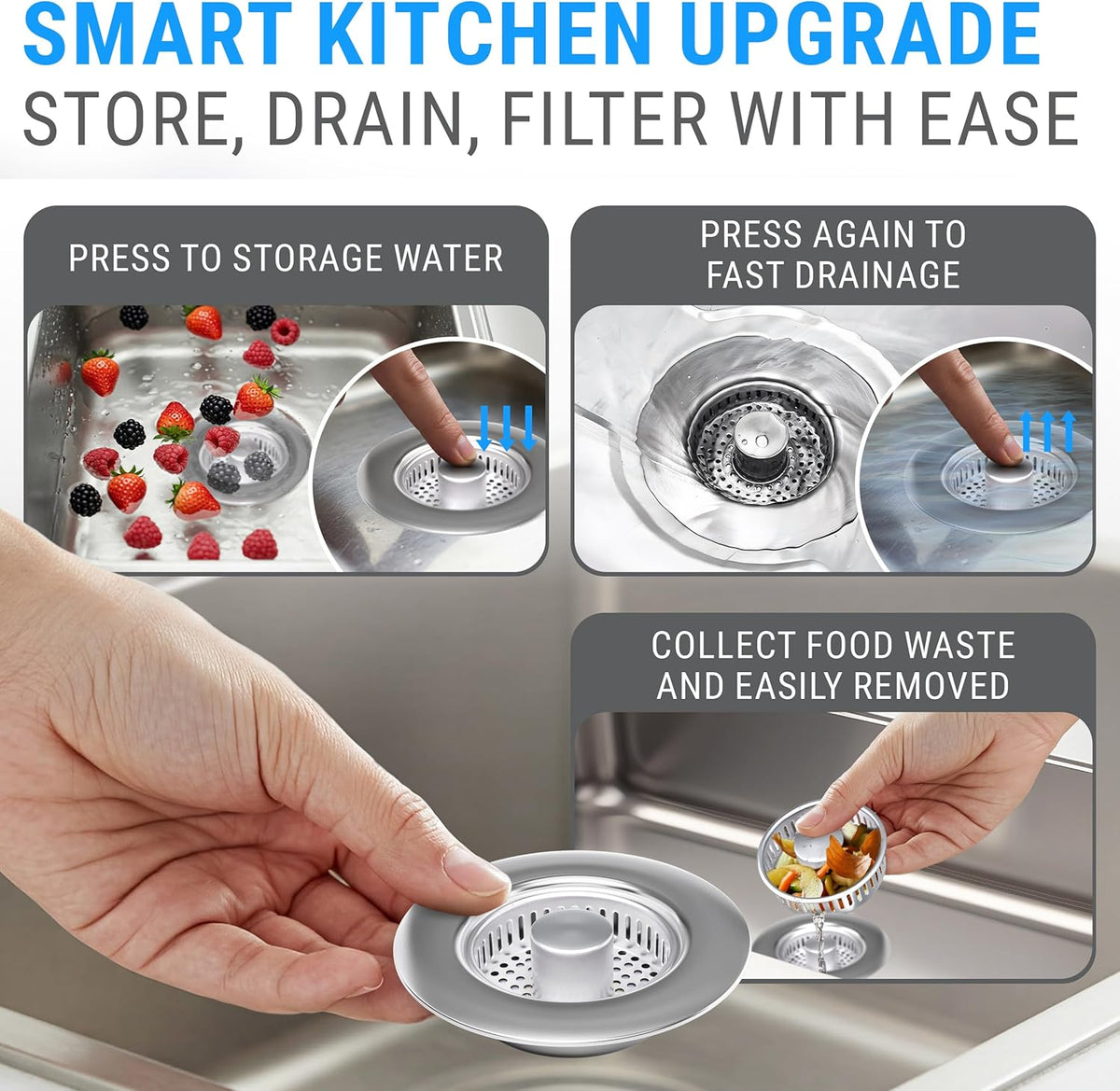 Premium 2 Pack - Kitchen Sink Drain Strainer Bathroom 3 in 1 Stainless Steel Sink Strainer Sink Stopper Dish Drainers Small Plug Filter Clearance Sink Cover Food Catcher Sink Protectors