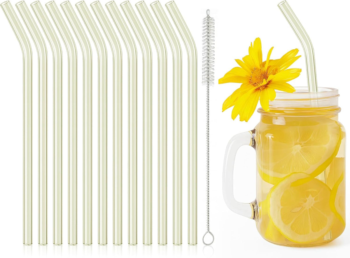 12 Pcs Reusable Glass Straws 8"x 8 mm Bent Glass Drinking Straws with Cleaning Brush for Tea, Smoothies, Milkshakes, Juices,Beverages.(yellow)