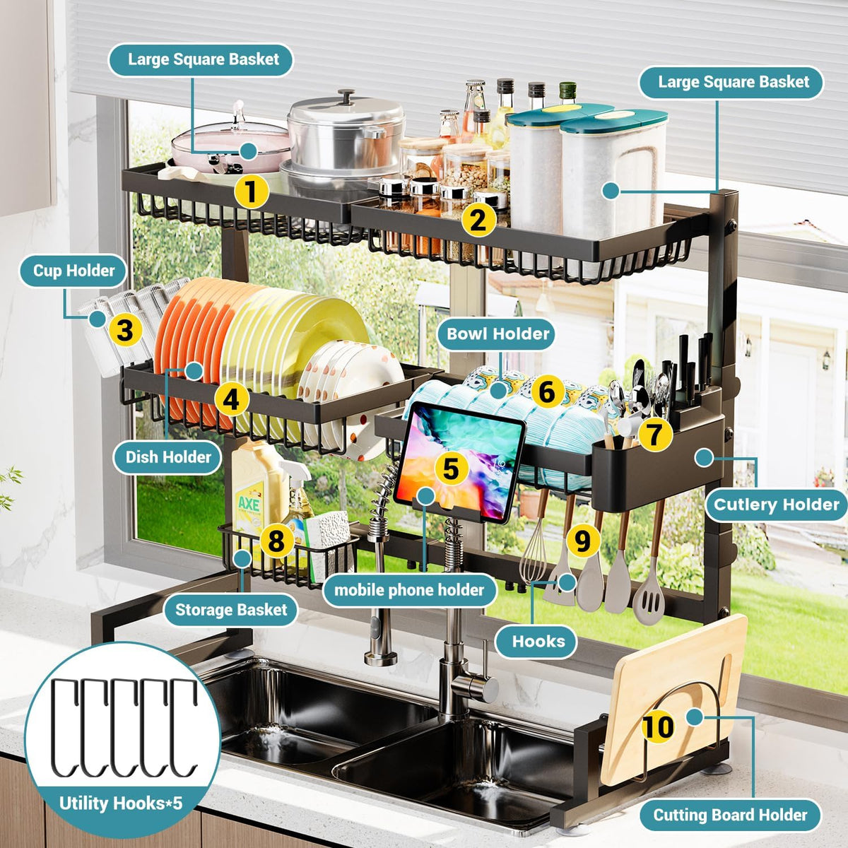 ADBIU Over The Sink Dish Drying Rack (Expandable Height and Length) Snap-On Design 2 Tier Large Dish Rack (27-40L x 12W x 32.5-37H (inches))