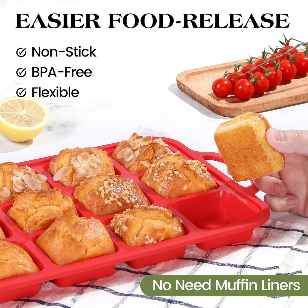 1 Pc Square Brownie Pan With Dividers Mini Silicone Brownie Pan for Baking Individual Nonstick 12 Cups Square Muffin Cupcake Pans with Metal Reinforced Frame (Red)