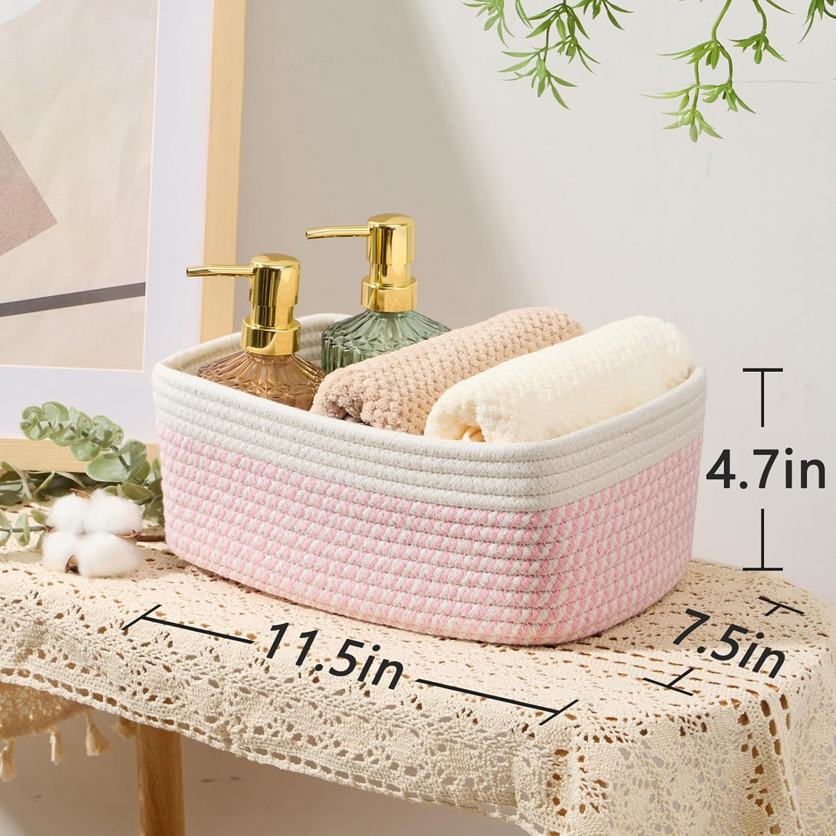 Small Storage Baskets for Organizing | Closet Organizer Bins | Shelf Toy Basket | Woven Rope Baskets | Cube Decorative Box | Shallow Basket | 11.5x7.5x4.7” | 3 Packs White Pink