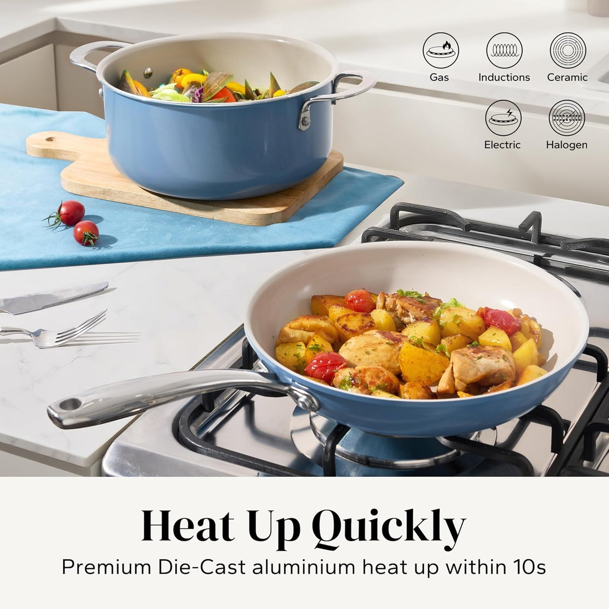 Redchef Ceramic Nonstick Cookware Set,14pcs Pots and Pans Set Non Stick,Induction Cookware with Stainless Steel Handle,Non Toxic Kitchen Cooking Set,Dishwasher & Oven Safe,PFAS PFOA & PTFE Free（Blue）
