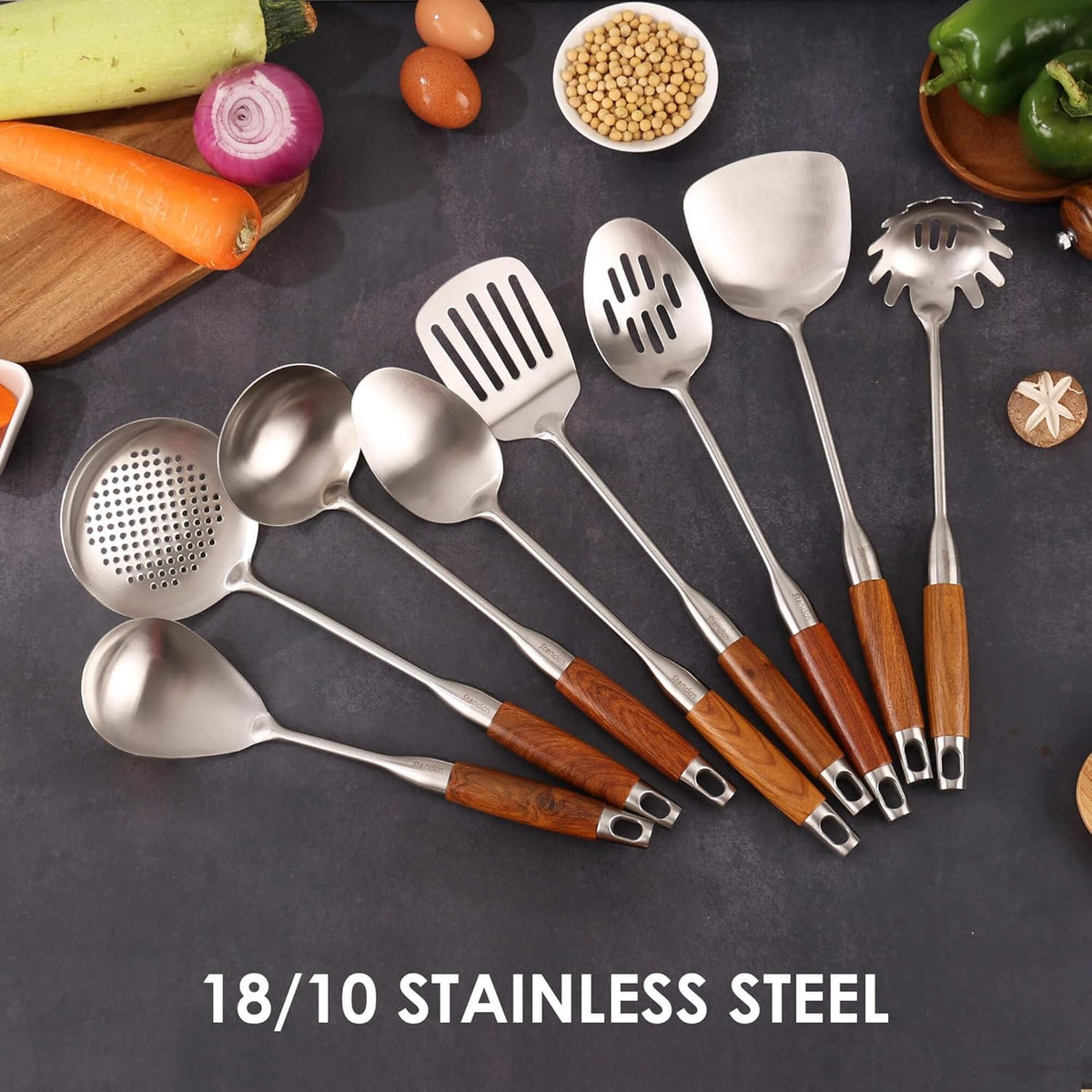 18/10 Stainless Steel Kitchen Utensils Set with Wood Handle - 15”Metal Cooking Tools & Serving Utensil, 8-Pieces Cooking Spoons Set - Spatula, Ladle, Skimmer, Turner, Pasta, Solid Spoon, Slotted Spoon