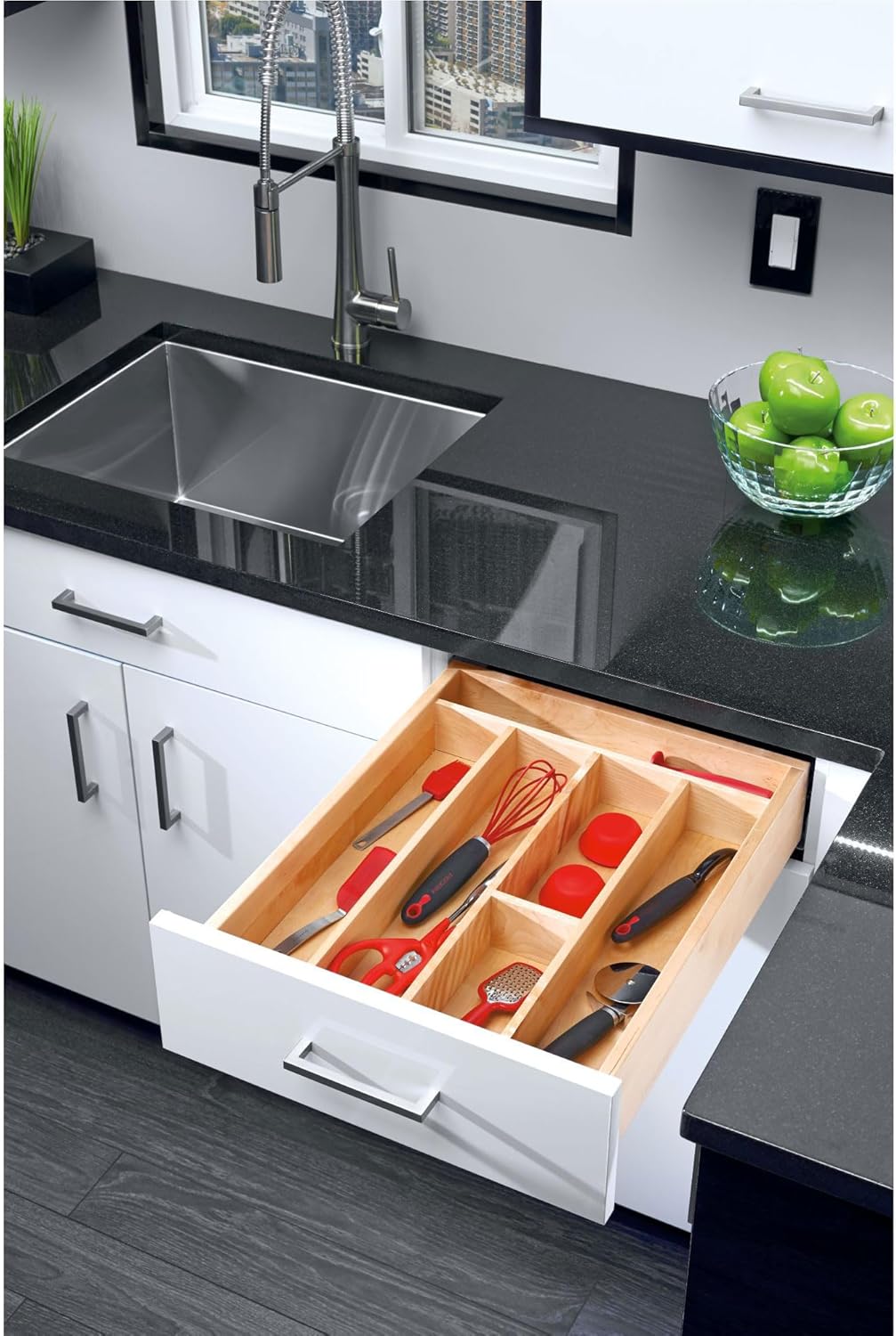 Rev-A-Shelf Trim-to-Fit Silverware Drawer Organizer For Kitchen Utensils, Cutlery Cabinet Storage Divider Insert, 23.98 x 21.97 In, Maple Wood, 4WUT-3