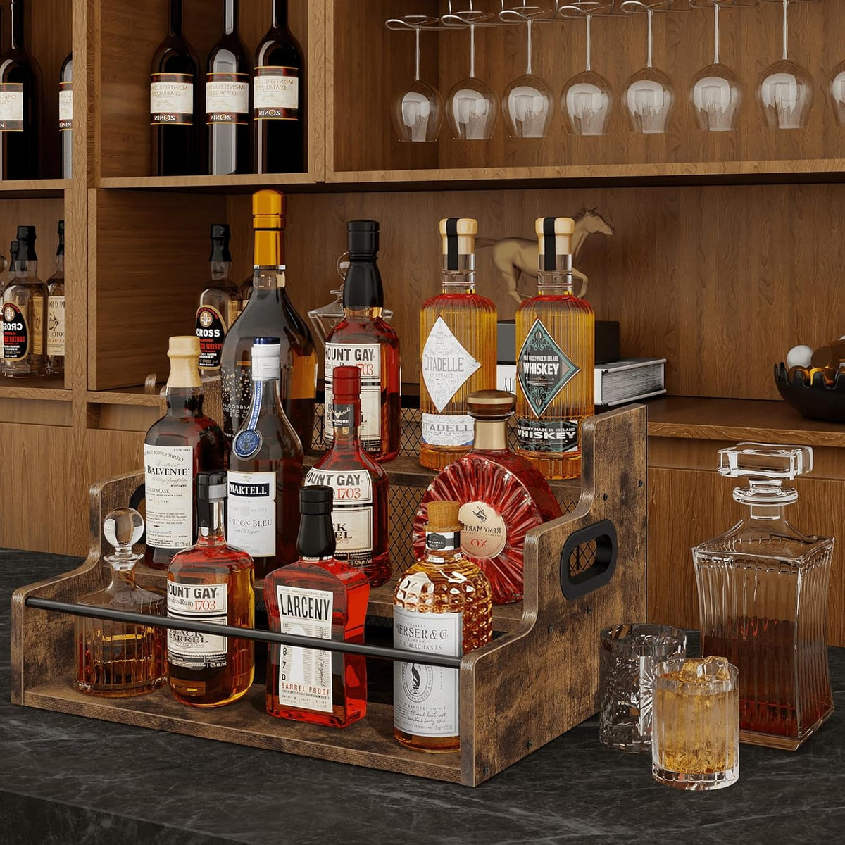 Homode Liquor Bottle Display Shelf, 3 Step Coffee Syrup Rack Organizer, Countertop Liquor Wine Rack, Mini bar, Liquor Cabinet, Home Retro Bar Shelf Stand for Whiskey Alcohol Drink