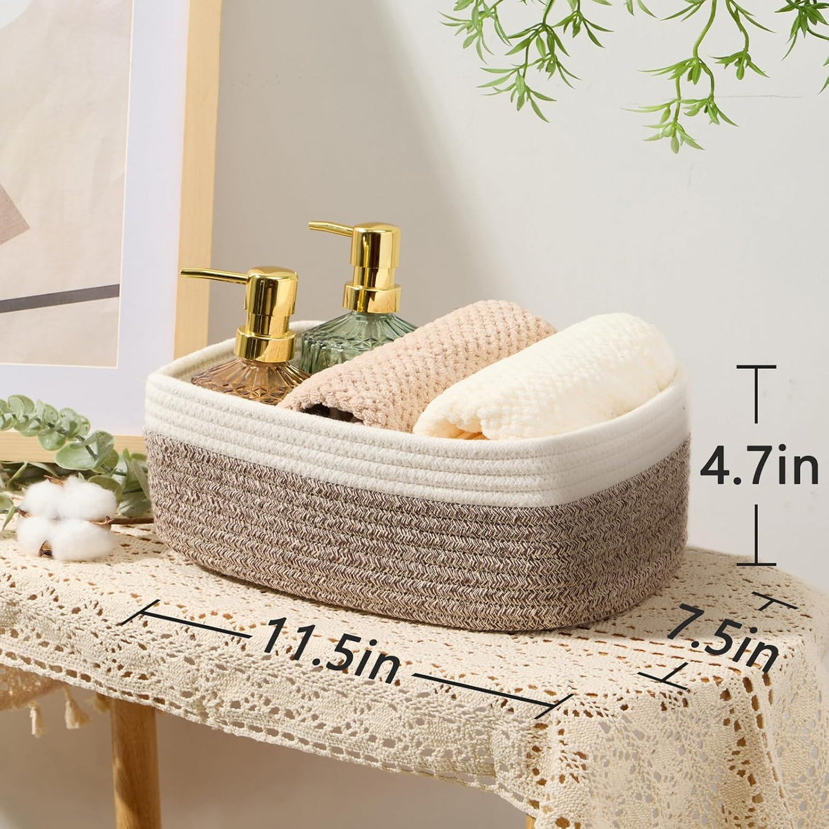 Small Storage Baskets for Organizing | Closet Organizer Bins | Shelf Toy Basket | Woven Rope Baskets | Cube Decorative Box | Shallow Basket | 11.5x7.5x4.7” | 3 Packs White Brown