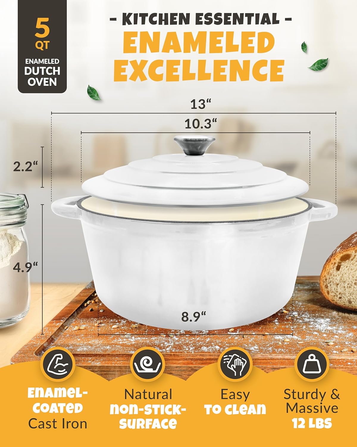 Dutch Oven for Bread Baking - incl. Sourdough Bread-Baking Supplies like Banneton Bread-Proofing Basket - 5QT Enameled Cast Iron Bread-Oven with Lid, Baking Pan, Scoring Tool Lame