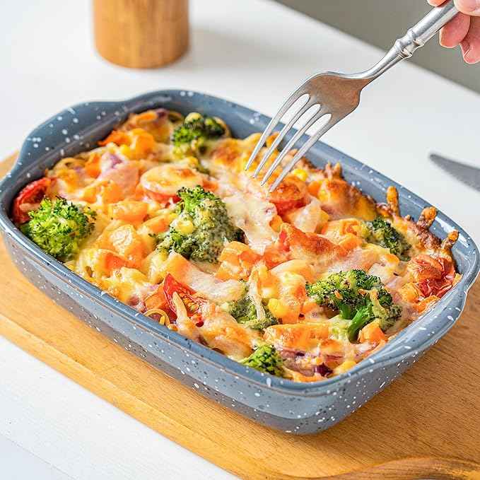 Ceramic Bakeware Dish Set of 3, Rectangular Baking Casserole for Oven,High Heat Resistant,Lasagna Pan Deep with Handles,Handcraft Speckle Series (13.8''/12''/9.6''Grey)