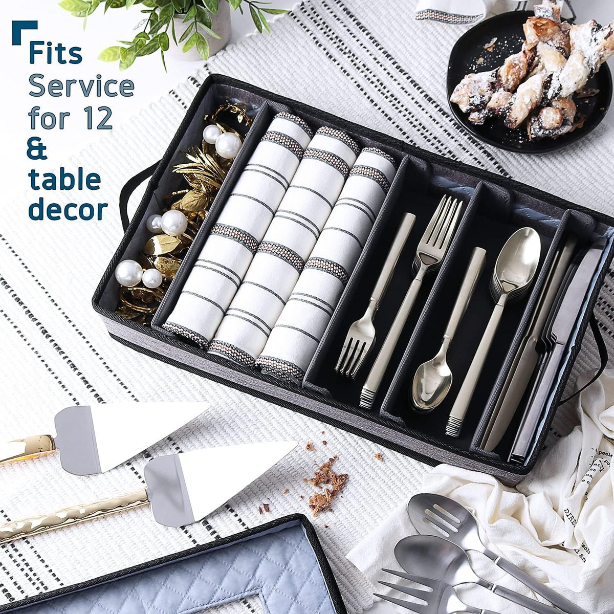 Flatware & Utensil Storage, Durable Silverware Storage Box with Padded Dividers, 5 Compartment Flatware Storage Case, Silverware Case with Handles, Protects and Organizes Cutlery, Grey