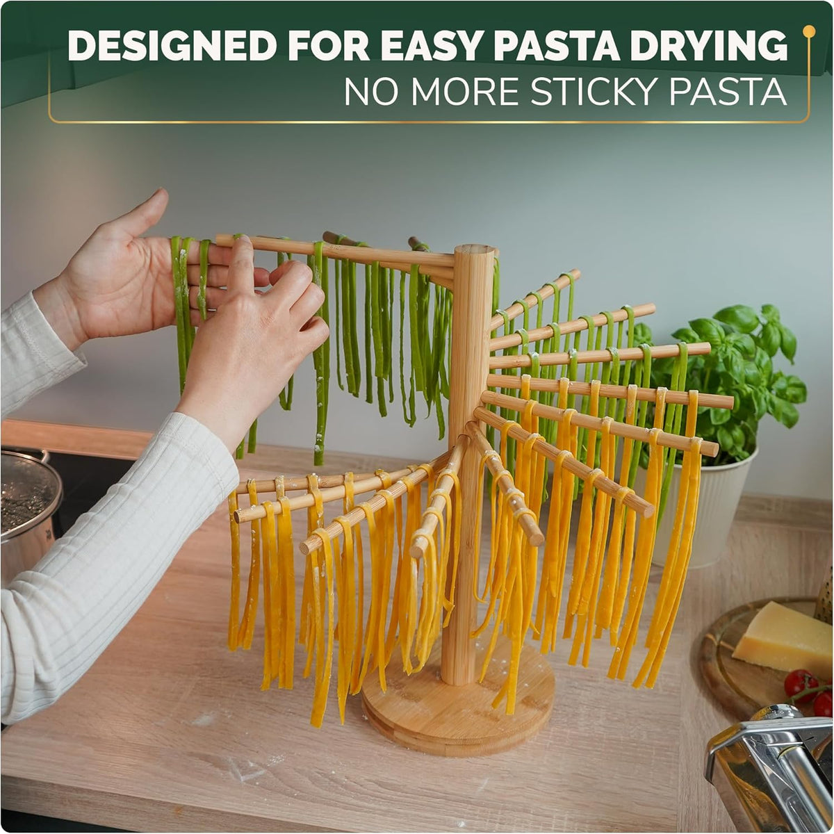Purewood Premium Collapsible Pasta Drying Rack, Wooden Noodle Dryer Stand for Fresh Pasta, Pasta Maker Accessory, 100% Natural Bamboo, Bonus Recipe Book Included, Space-Saving Large Capacity