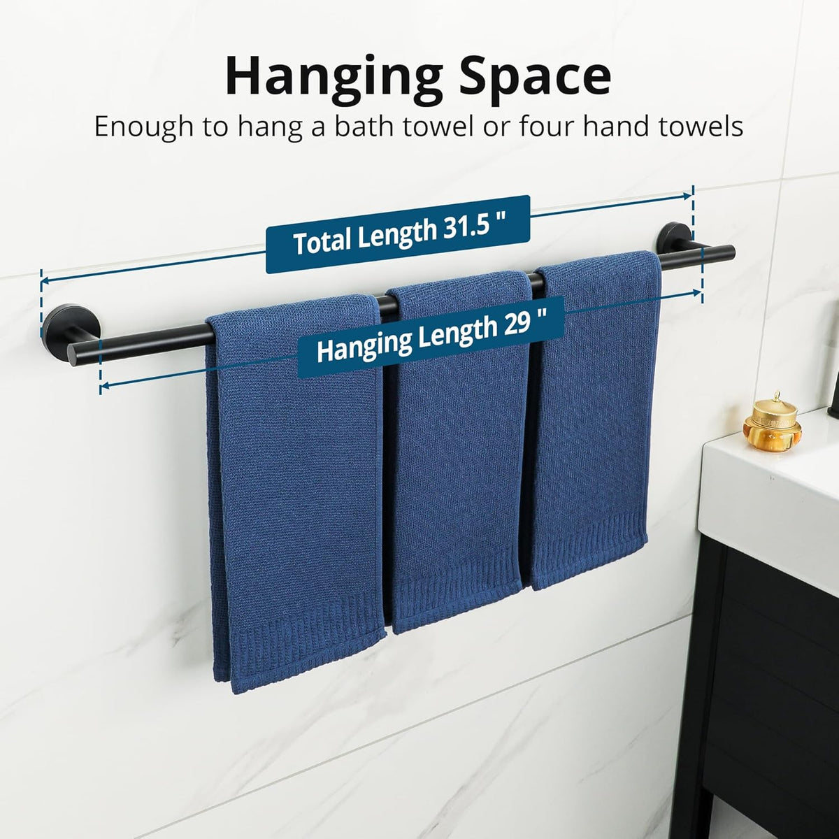 SAYAYO Black Towel Bar for Bathroom, Towel Rack Wall Mounted 31.5 Inch, Towel Rod Towel Holder SUS304 Stainless Steel (Hanging Length 29-Inch)