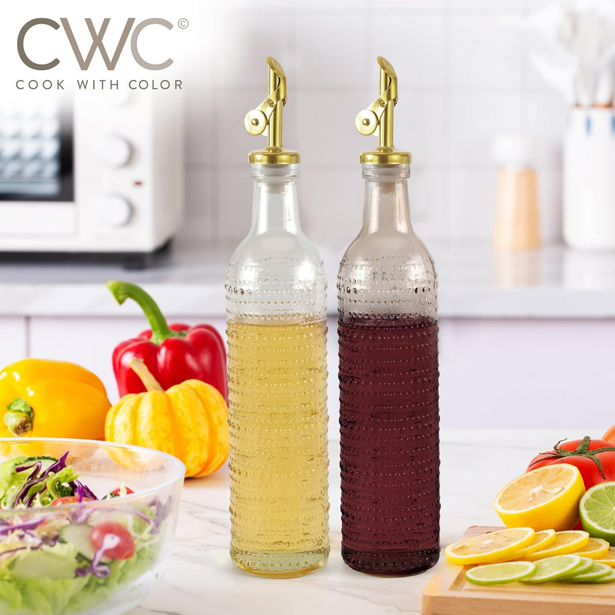 COOK WITH COLOR Glass Olive Oil Bottle Dispenser - 2 Pack- 17oz Oil and Vinegar Cruet - Olive Oil Carafe Decanter for Kitchen