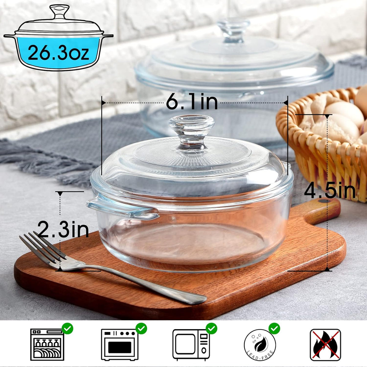 NUTRIUPS Mini Glass Casserole Dish with Lid Oven Safe Covered Round Casserole Dish 6" Glass Microwave Bowls With Lid Microwavable Cookware (26oz-Mini)