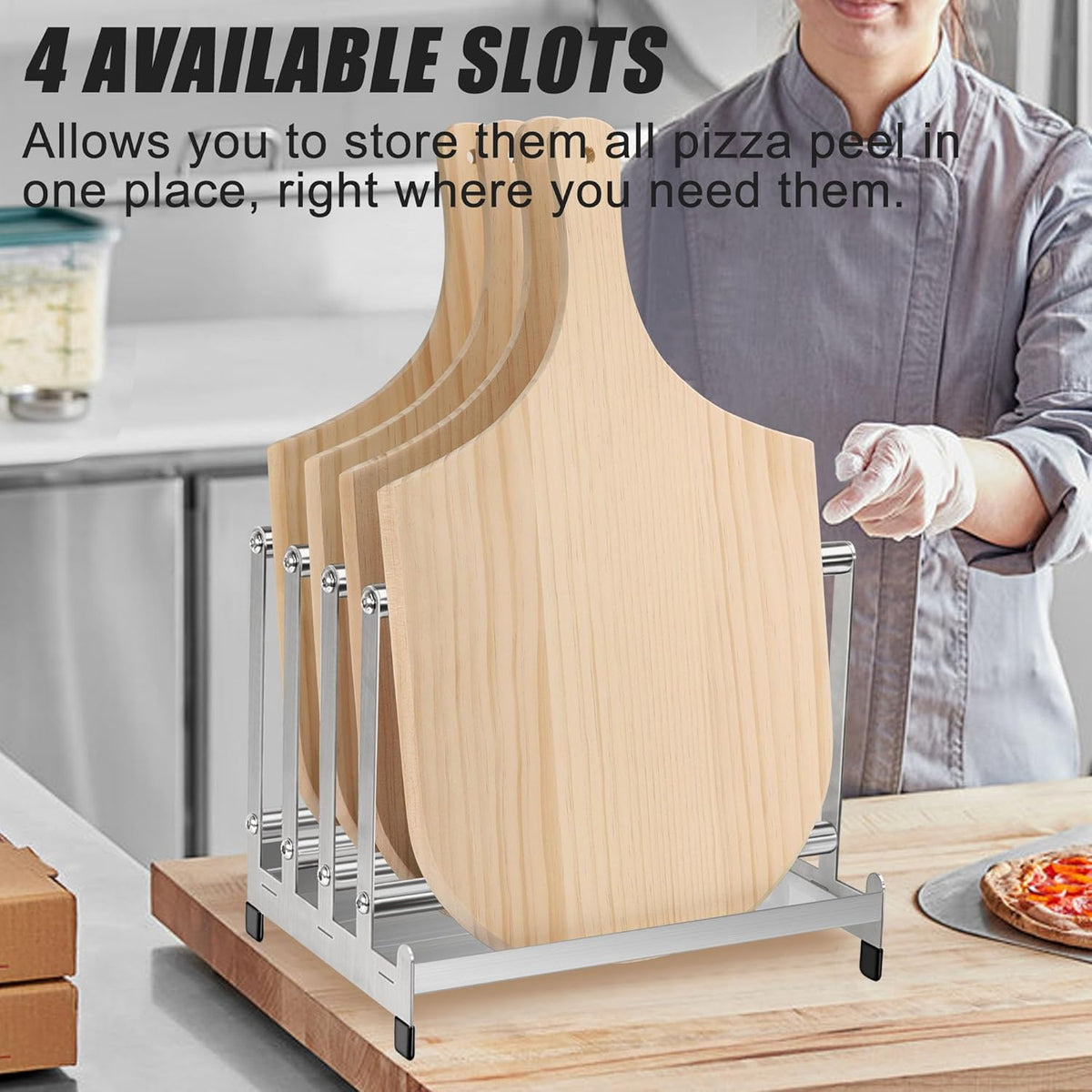 Pizza Peel Rack Stainless Steel With Non-Slip Feet Pizza Turning Peel Pizza Paddle Holder Rack 4 Available Slots Organizing and Saving Space, No Pizza Oven Tools, silver
