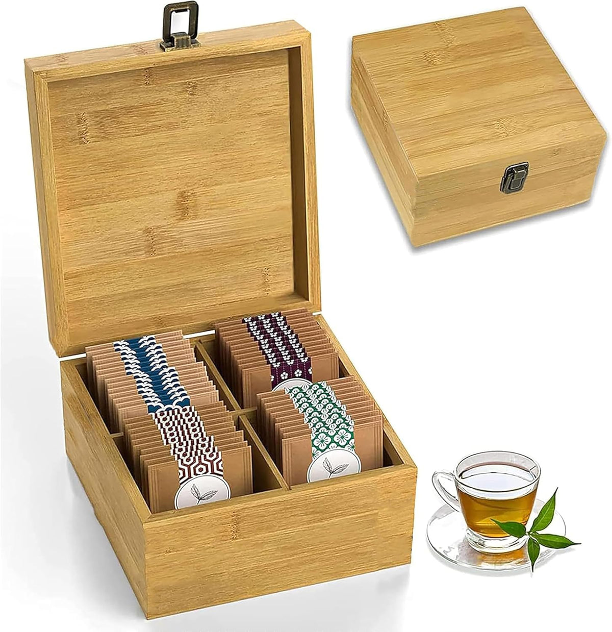 Bamboo Tea Organizer Box Chemical Free Big, Tall, Adjustable Cubbies Natural Wooden Storage Chest (4-Slot Square 7.4" x 8.1" x 4.2" Blank)