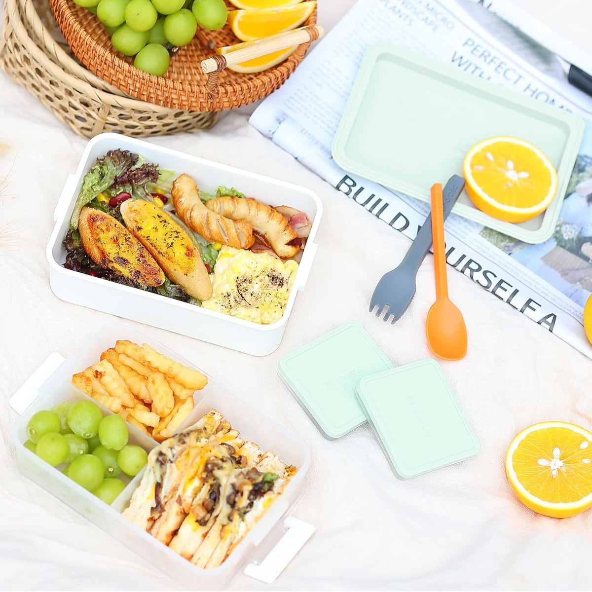 linoroso Stackable Bento Box Adult Lunch Box | Meet All You On-the-Go Needs for Food, Salad and Snack Box, Premium Bento Lunch Box for Adults Include Utensil Set, Dressing Containers - Chalk White