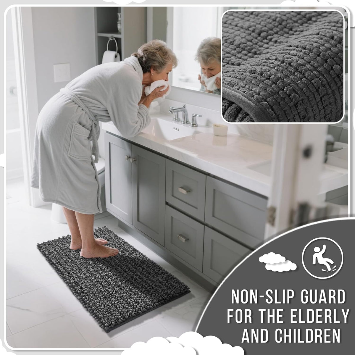 Yimobra Bathroom Rugs Non Slip Washable 32x20 Inch - Ultra Soft Absorbent Chenille Bath Mat, Quick Dry Shaggy Floor Carpet for Tub Shower, Dark Gray Home Decor Accessories
