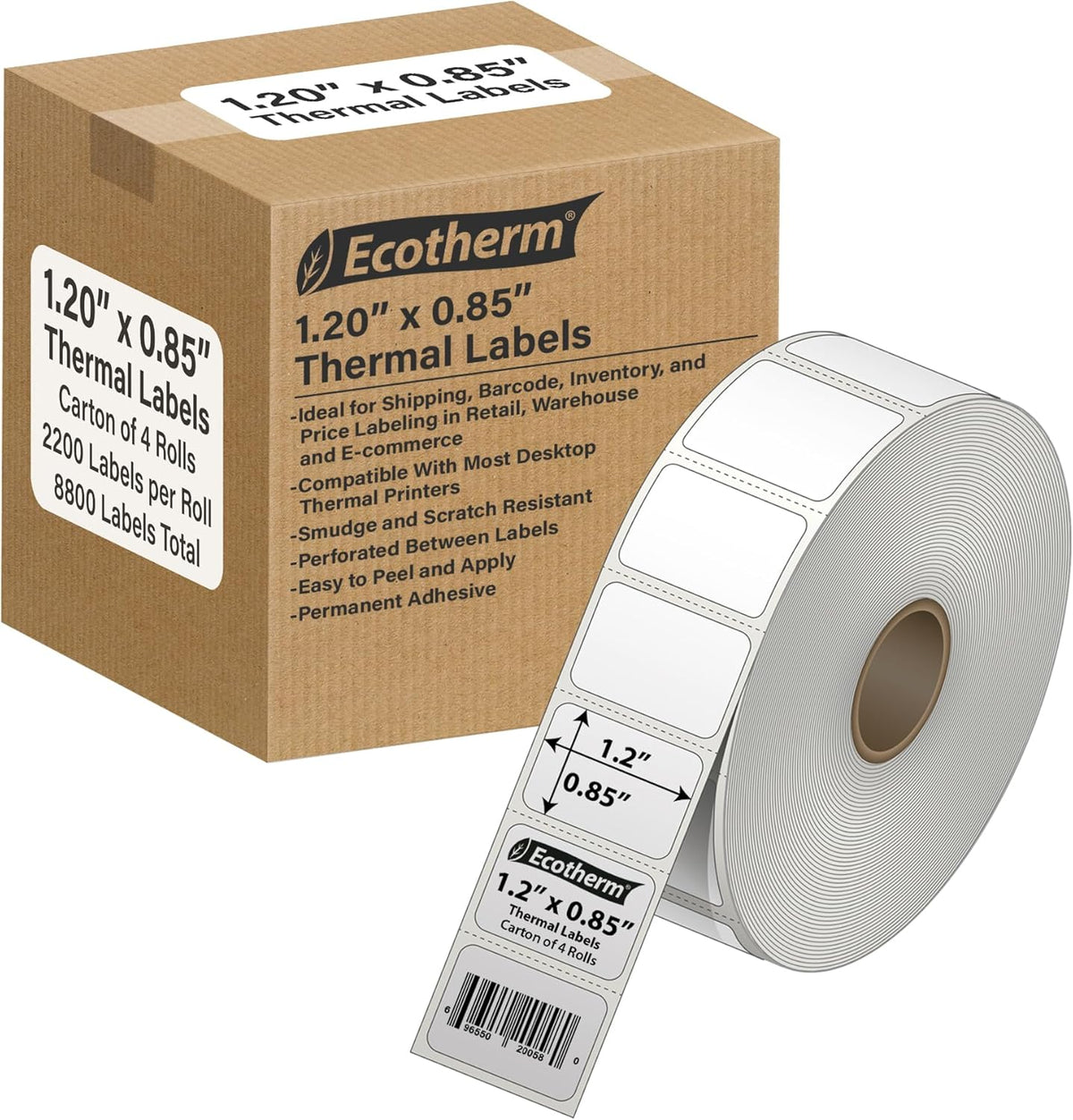 1.2" x .85" Thermal Labels | 4 Rolls | 8800 Labels | fits Zebra, Godex, Arkscan, iDPRT, Offnova Thermal Label Printers and More | Blank White Adhesive Stickers by Ecotherm