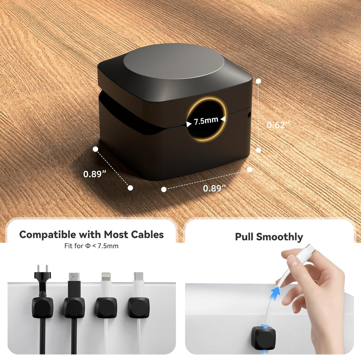 Rotatable Cord Organizer, Enhanced Spring Cable Clips, Strong Adhesive Cable Management, Desk Cord Holder for Nightstand, Office Accessories and Car (8*Black)