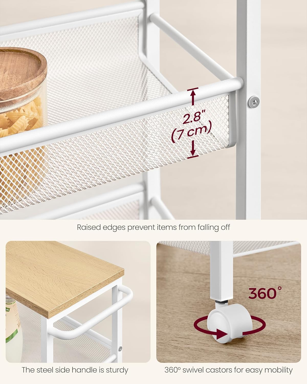 VASAGLE Slim Rolling Cart, 4-Tier Storage Cart, Narrow Cart with Handle, 8.7 Inches Deep, Metal Frame, for Kitchen, Dining Room, Living Room, Home Office, Oak Beige and Classic White ULRC033W09
