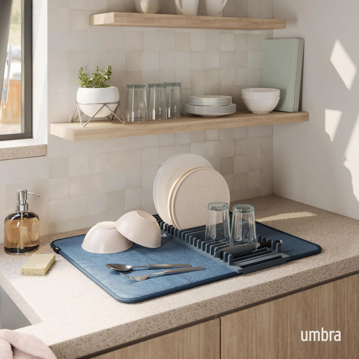 Umbra Udry Dish Rack and Microfiber Drying Mat – Space-Saving Design Folds Up for Easy Storage, Basic Rack, Slate Blue