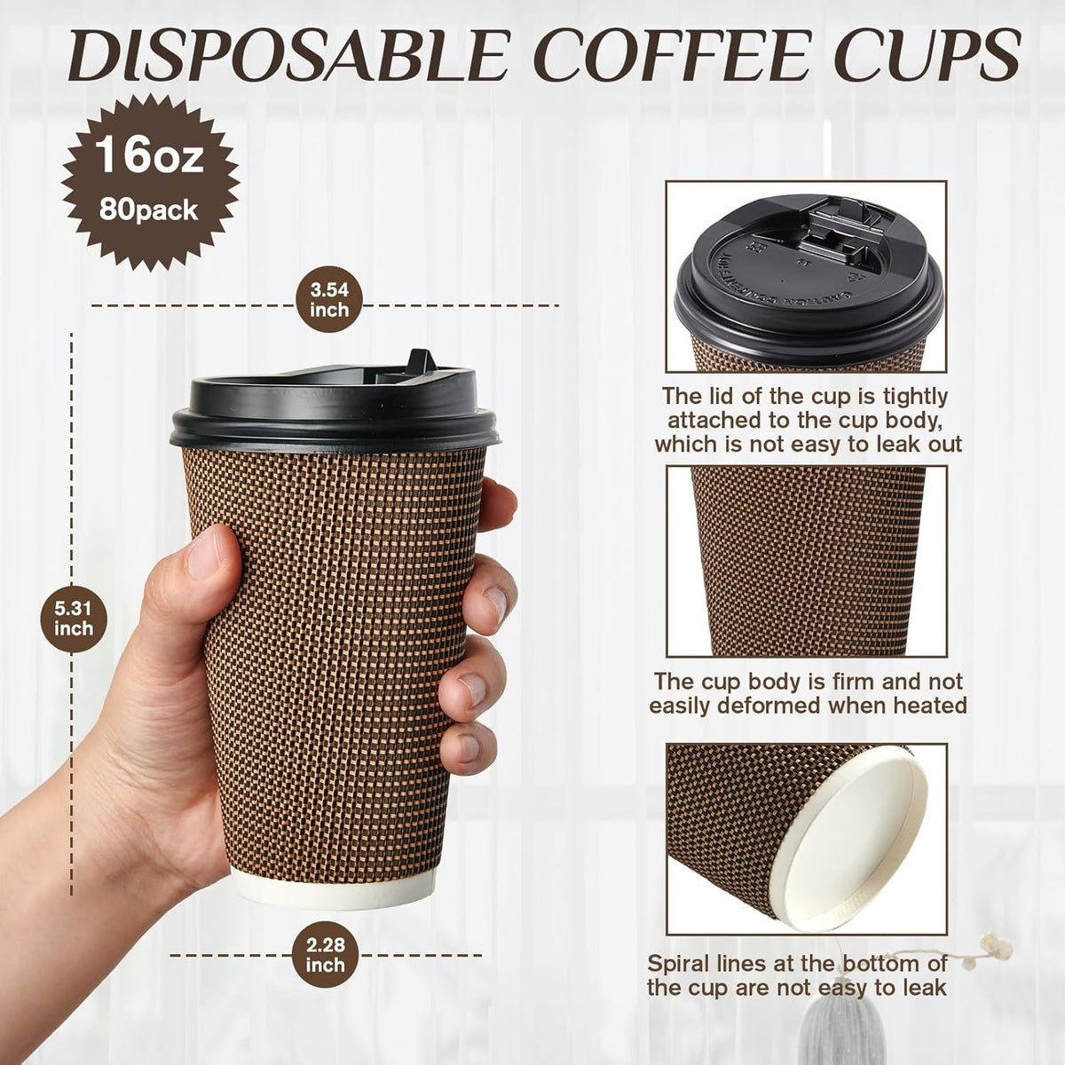 LITOPAK 80 Pack 16 oz Paper Coffee Cups, Insulated Ripple Wall Paper Cups with Lid and Straws, Three Layer Insulated Hot Beverage Cups for Hot Drinks, Coffee Cups for Parties, Picnic, and Travel