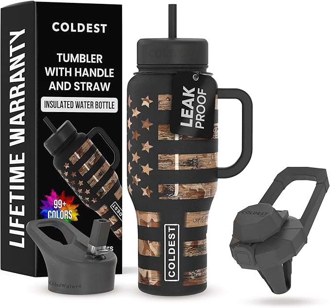 Coldest Tumbler with Handle and Straw, 100% Leak Proof Insulated Tumbler with Lid and Straw (3 Lids), Stainless Steel Tumblers for Women & Men, Cup Holder Friendly, 36 oz (Camouflage Flag)