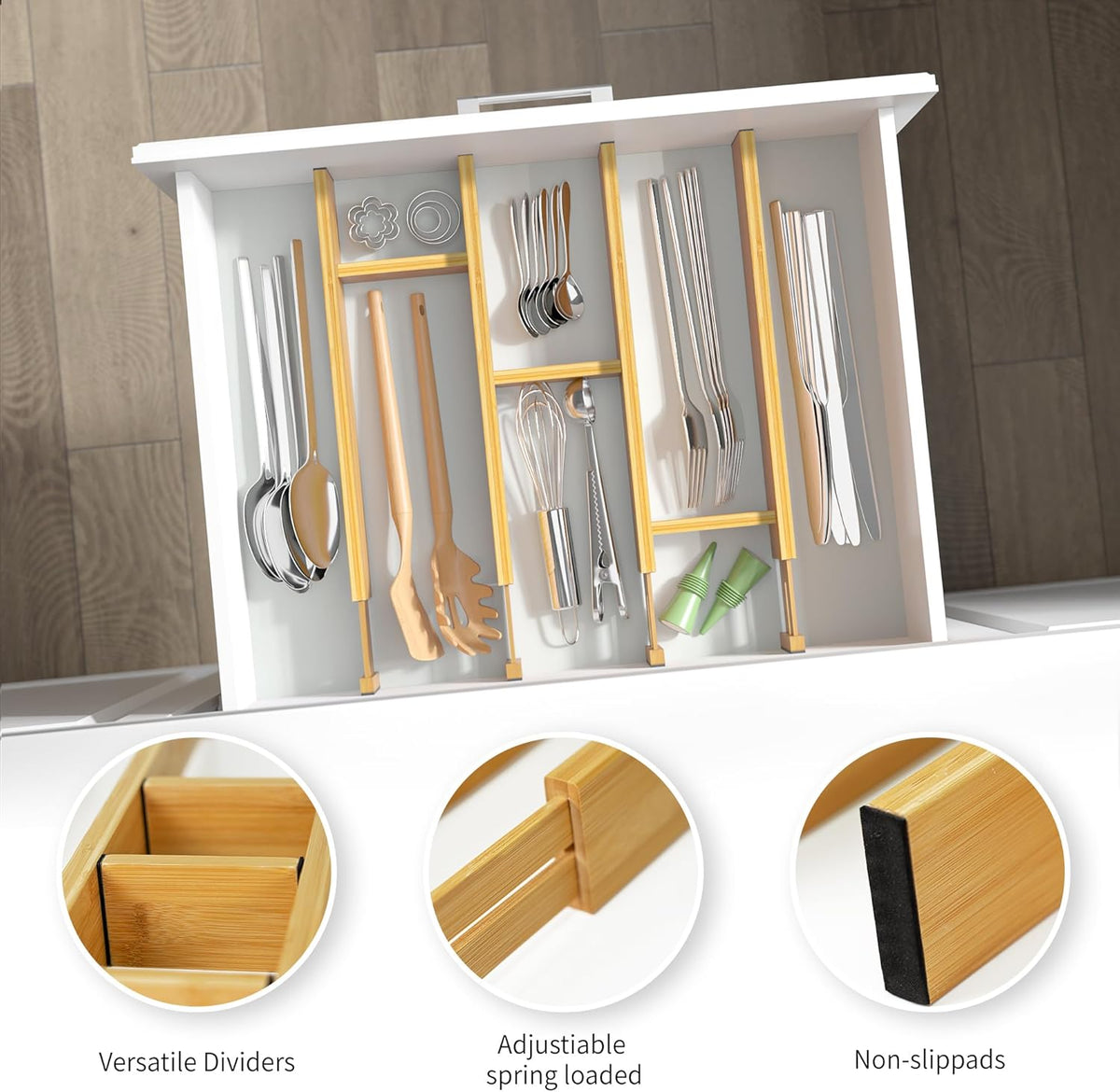 Adjustable Bamboo Drawer Dividers with Inserts, Expandable Spring-Loaded Drawer Organizer for Kitchen, Clothes, Tools, Silverware, Bamboo Organizer Separators - 4 Large Pieces