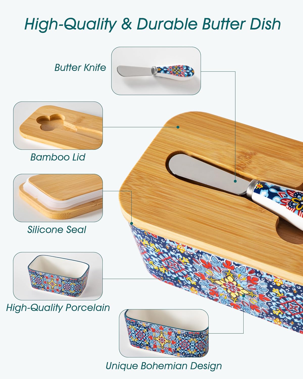 vancasso SIMI Butter Dish with Lid, 6.5" Large Butter Dish for Countertop, Bohemian Ceramic Butter Keeper Container with Knife and Bamboo Lid, Butter Holder for Counter, Twilight Bloom