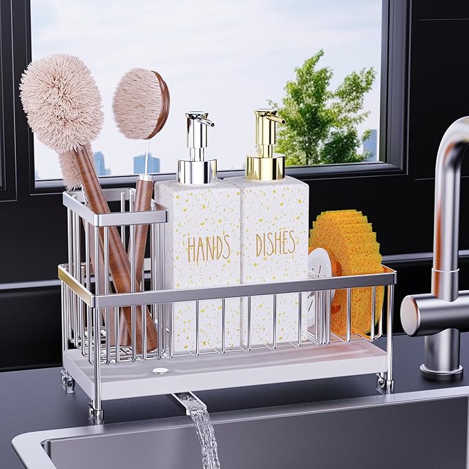 Cisily Dish Soap Dispenser, 12 fl oz Kitchen Soap Dispensers with Sponge Holder, Stainless Steel Pump Glass Kitchen Soap Dispenser Set, Hand and Dish Soap Bottle Set, Kitchen Decor Accessories