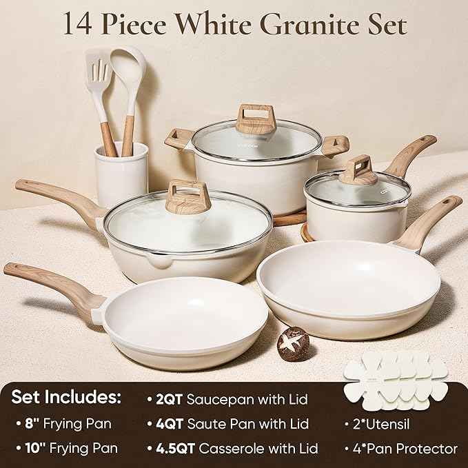 CAROTE 14 Pcs Pots and Pans Set Nonstick,Cookware Set Kitchen Cooking Set with Utensil and Pan Protectors