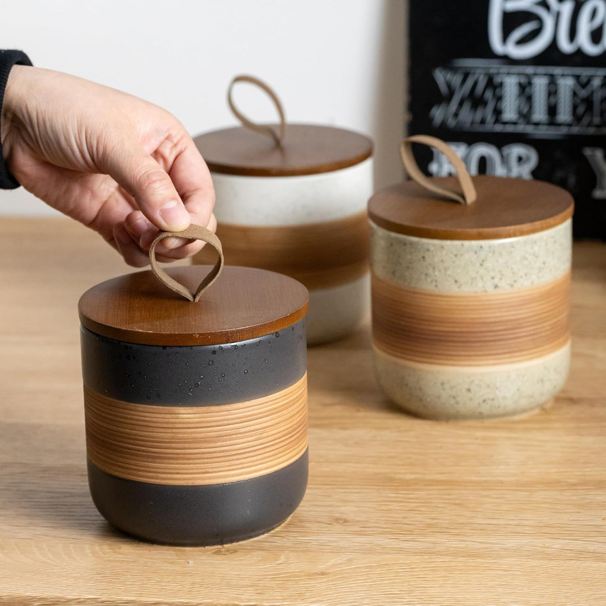 Spice Jars with Lid, Coffee Container Kitchen Food Storage Jars for Spice Sugar Tea Bag, Stackable Decorative Jars for Countertop, Black & 37oz