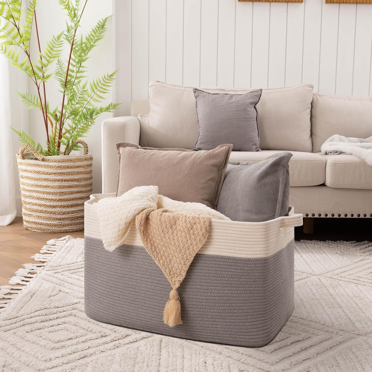 OIAHOMY 95L Blanket Basket, 24”x17”x14”, Large Woven Baskets for Storage, Nursery Cotton Rope Basket with Handle, Living Room, Nursery, Bedroom,Toy Baskets Organizer Bins, Grey & White