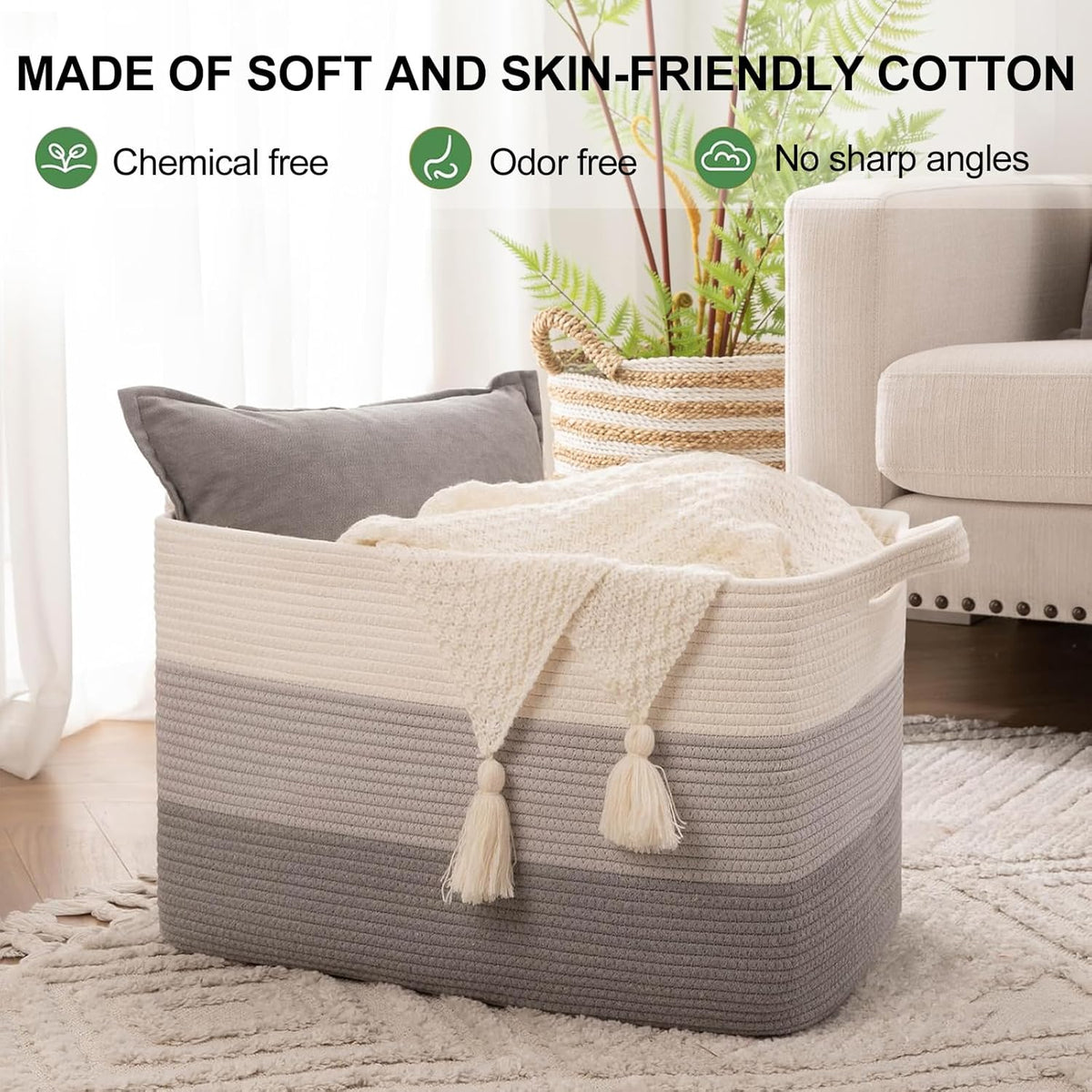 OIAHOMY Rectangle Woven Storage Basket - Nursery Cotton Rope Baskets for Storage, Toy Basket Organizing for Living Room, 17.7"x13.8"x11"- Pack of 3 - Gradient Gray