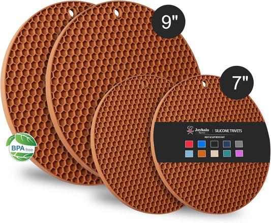 Joyhalo Trivets for Hot Dishes - Hot Pads for Kitchen, Silicone Pot Holders for Hot Pots and Pans, Silicone Mats for Kitchen Countertops, Table, Flexible Easy to Wash and Dry, Brown