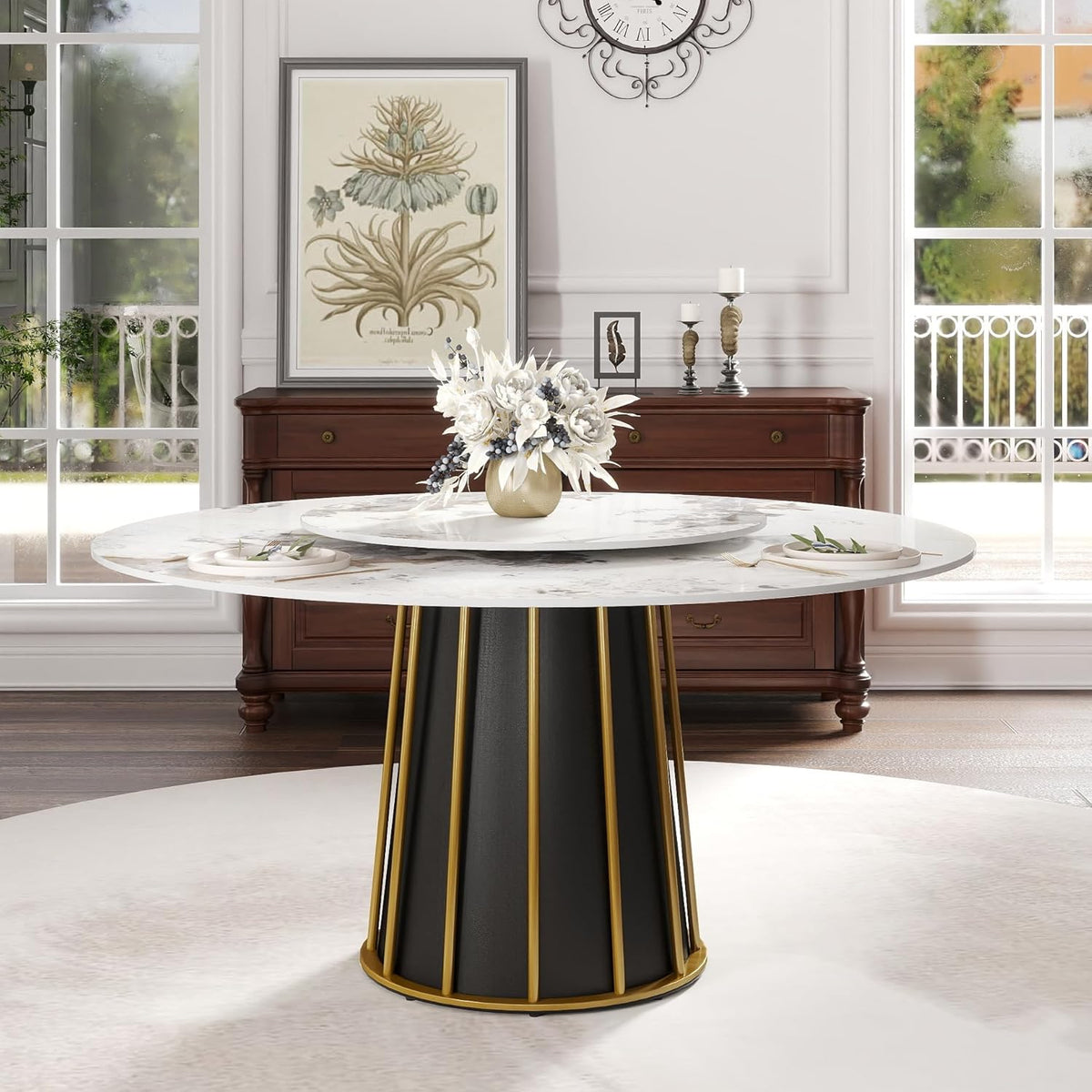 Montary 59" Modern Artificial Marble Round Dining Table with Metal Iron Base & 31.5" White Sintered Stone Turntable, Dining Room Table with Lazy Susan for 6-8 (Only Table)