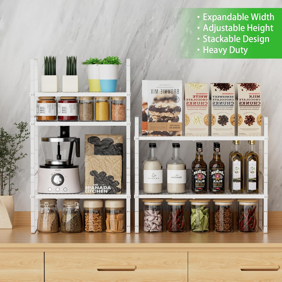 Expandable Cabinet Storage Shelf Stackable Organizer Rack for Kitchen Bathroom Pantry Spice Cupboard Coffee Countertop Home Office Desk Heavy Duty Nonslip White Small 3 Packs