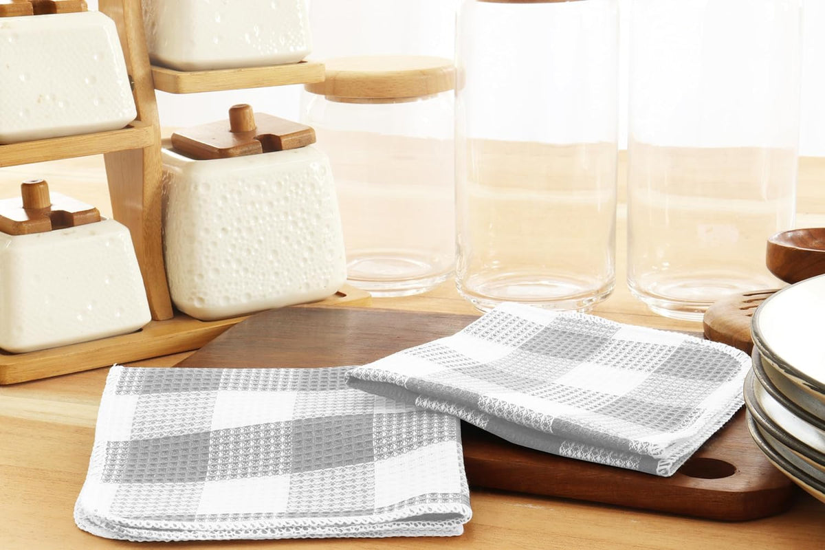 PurpleEssences Waffle Weave Plaid Dish Cloths, 100% Cotton - 12 x 12 Inches, Ultra Soft Absorbent Quick Drying Dish Towels Buffalo Check Dish Rags for Kitchen, 8 Pack - Spring Summer - Grey & White