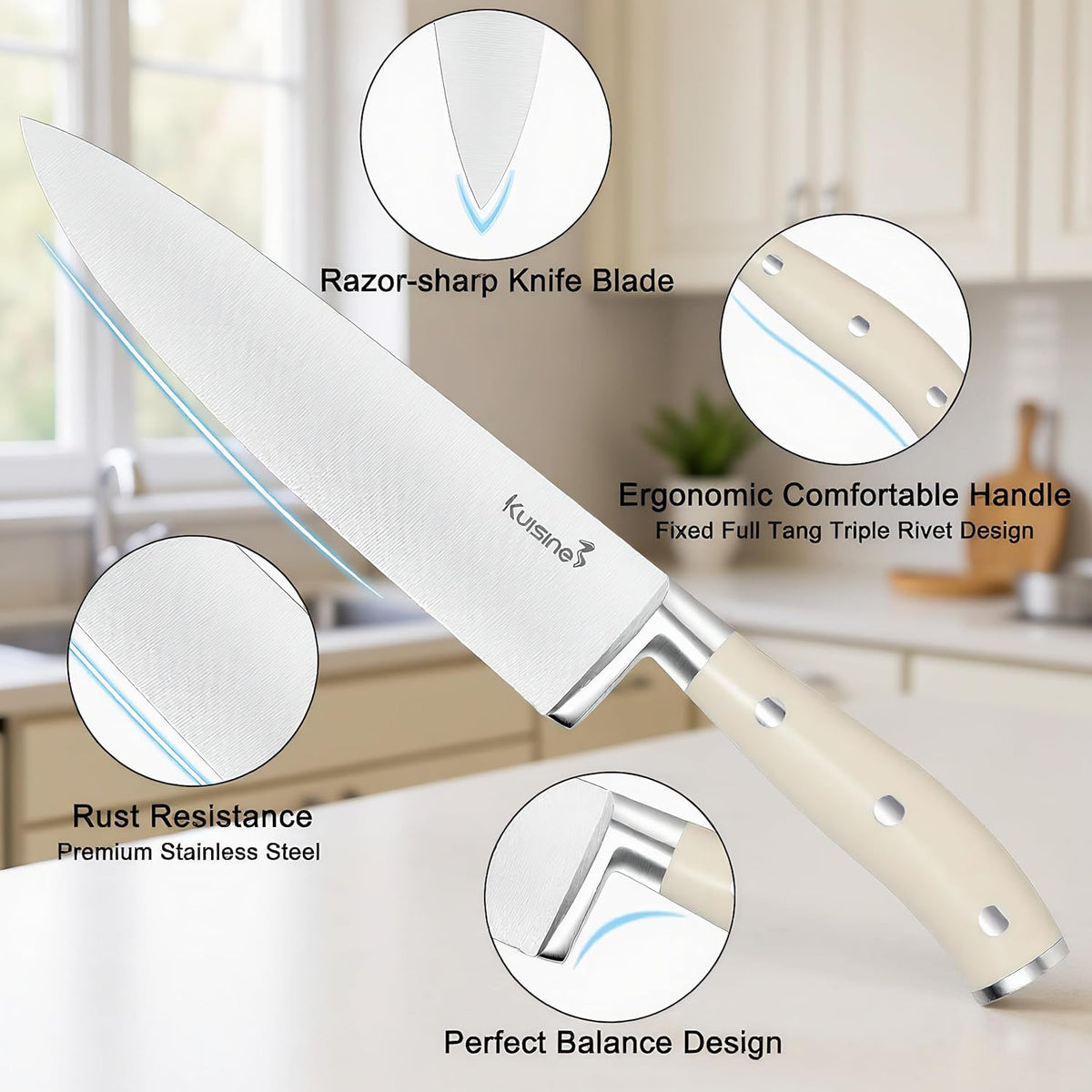 KUISINE Knife Set High Carbon Stainless Steel Sharper Blade Ergonomic Handle,Knife Block Set with Built-in Sharpener 2025 Upgraded (Ivory Pro Acacia,15PCS)
