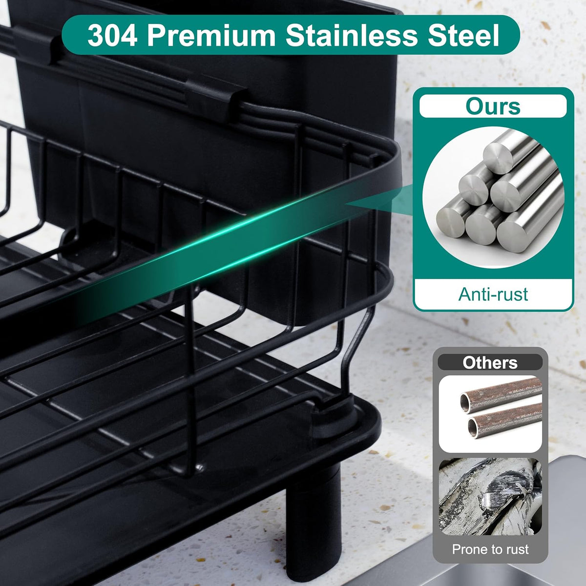 2-Tier Dish Drying Rack for Kitchen Counter,Space-Saving Dish Rack with Drainboard,Rustproof Countertop Dish Drainer with Utensil Holder for Sink,Black