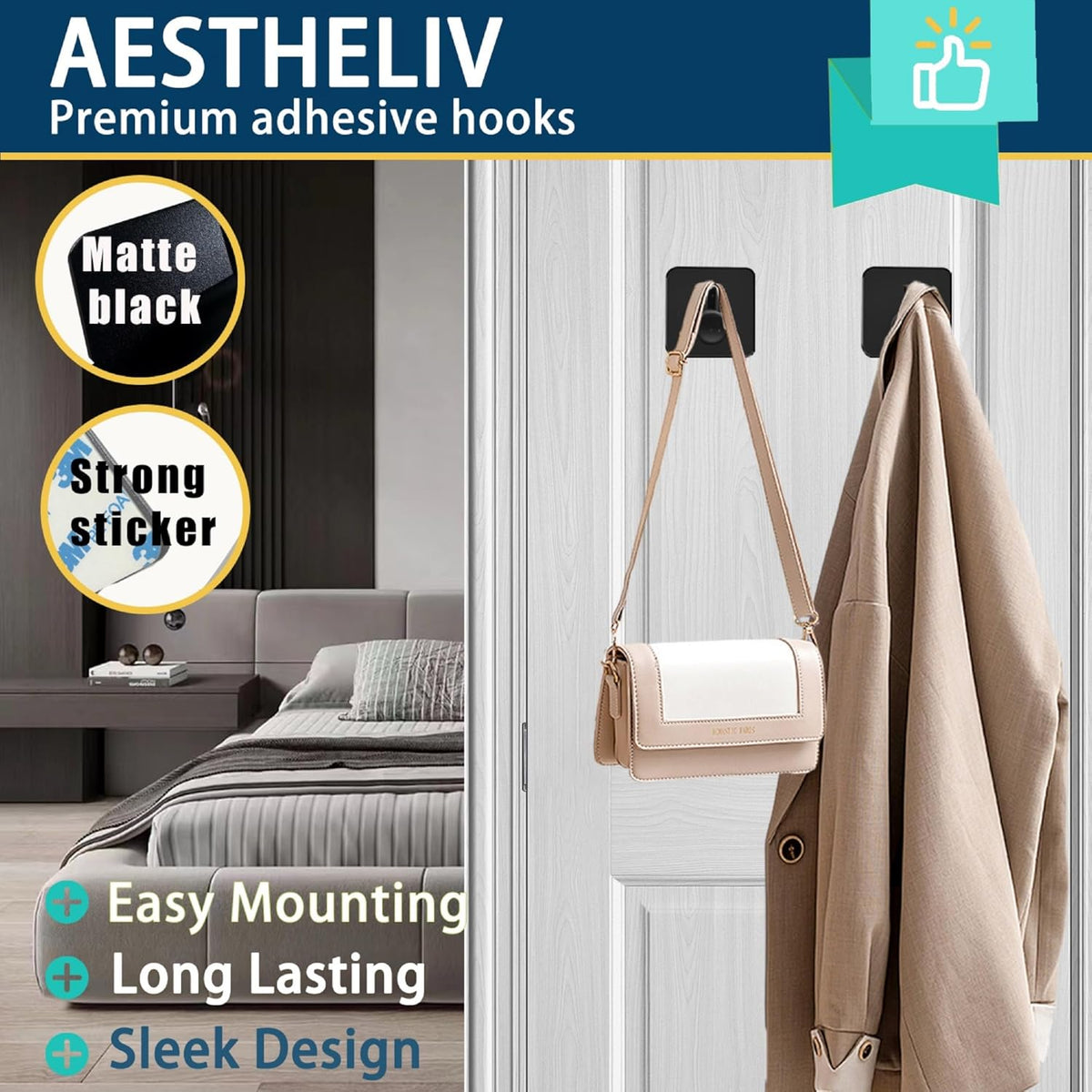 Adhesive Hooks for Hanging - 4 PCs, Towels Hooks for Bathroom, Sticky Hooks for Walls No Damage, Adhesive Hook for Outside, Kitchen, Bathroom, Office (Black 1)