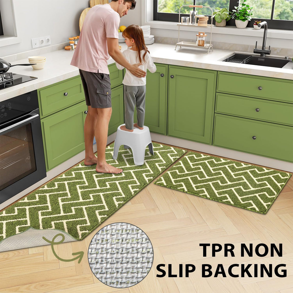 hicorfe Kitchen Rugs and Mats Sets,Non-Slip Absorbent 100% Polypropylene Kitchen Mats for Floor,Comfort Kitchen Runner Mat,Washable for Kitchen,Sink,Laundry(20" x 31.5" Plus 20" x 48",Sage Green)